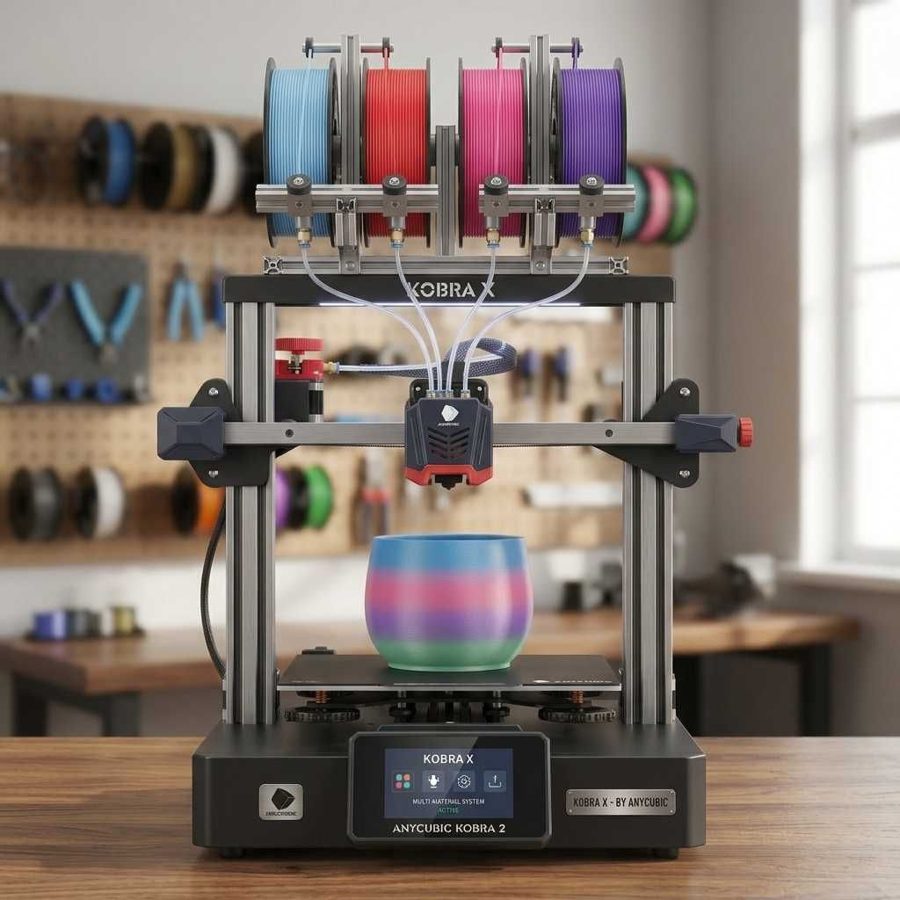 Ilustração de uma impressora 3D a imprimir uma peça (imagem gerada com IA)